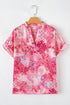 Abstract Floral Print Notch V Neck Rolled Sleeve Blouse