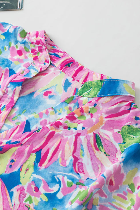 Abstract Floral Print Notch V Neck Rolled Sleeve Blouse