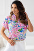 Abstract Floral Print Notch V Neck Rolled Sleeve Blouse