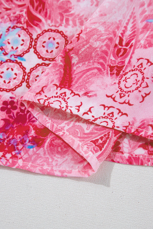 Abstract Floral Print Notch V Neck Rolled Sleeve Blouse