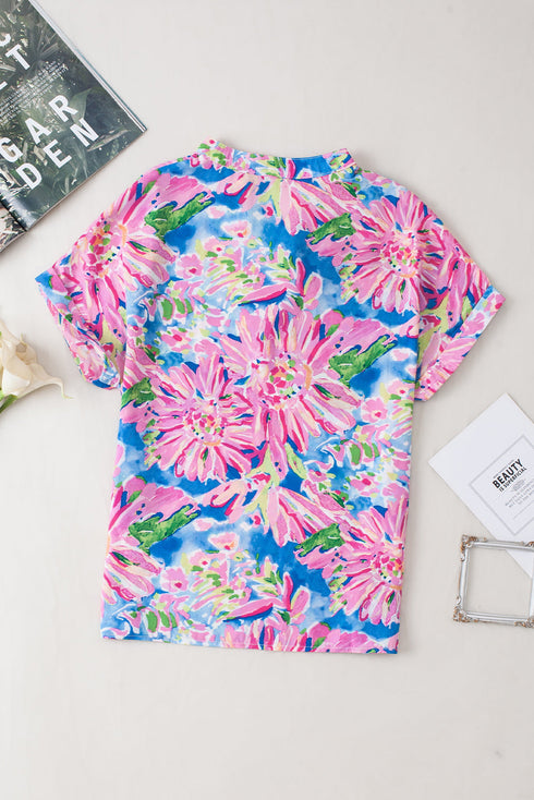Abstract Floral Print Notch V Neck Rolled Sleeve Blouse
