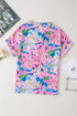 Abstract Floral Print Notch V Neck Rolled Sleeve Blouse
