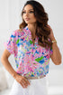 Abstract Floral Print Notch V Neck Rolled Sleeve Blouse