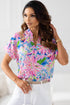 Abstract Floral Print Notch V Neck Rolled Sleeve Blouse