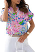 Abstract Floral Print Notch V Neck Rolled Sleeve Blouse