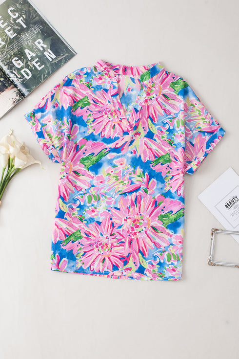 Abstract Floral Print Notch V Neck Rolled Sleeve Blouse