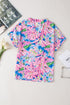 Abstract Floral Print Notch V Neck Rolled Sleeve Blouse