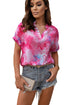 Abstract Floral Print Notch V Neck Rolled Sleeve Blouse