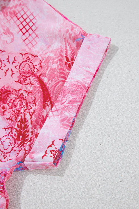 Abstract Floral Print Notch V Neck Rolled Sleeve Blouse