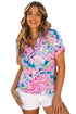 Abstract Floral Print Notch V Neck Rolled Sleeve Blouse