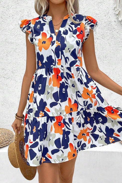 Abstract Floral Print Notched Neck Flutter Sleeve Tiered Mini Dress