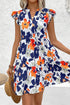 Abstract Floral Print Notched Neck Flutter Sleeve Tiered Mini Dress