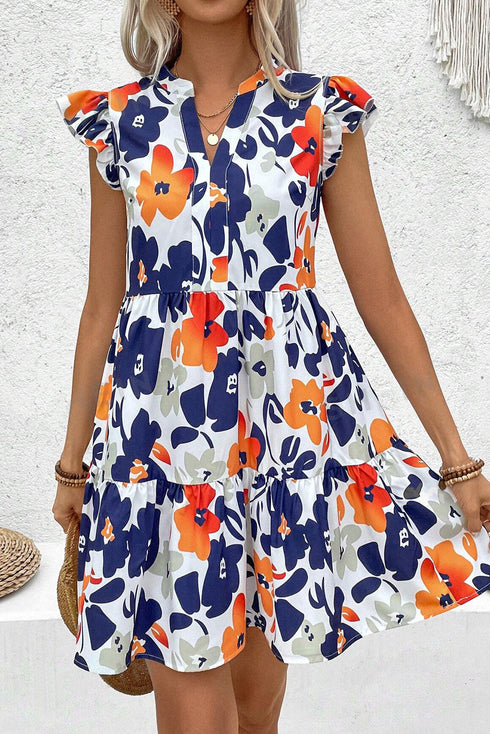 Abstract Floral Print Notched Neck Flutter Sleeve Tiered Mini Dress