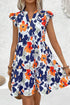 Abstract Floral Print Notched Neck Flutter Sleeve Tiered Mini Dress