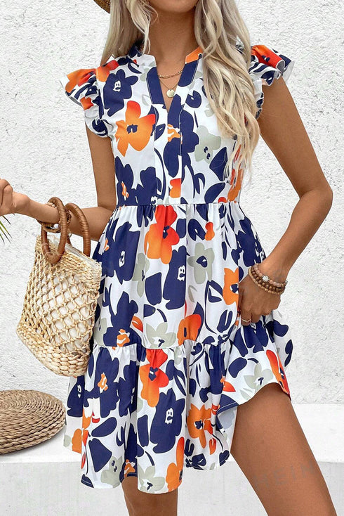 Abstract Floral Print Notched Neck Flutter Sleeve Tiered Mini Dress