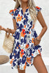 Abstract Floral Print Notched Neck Flutter Sleeve Tiered Mini Dress