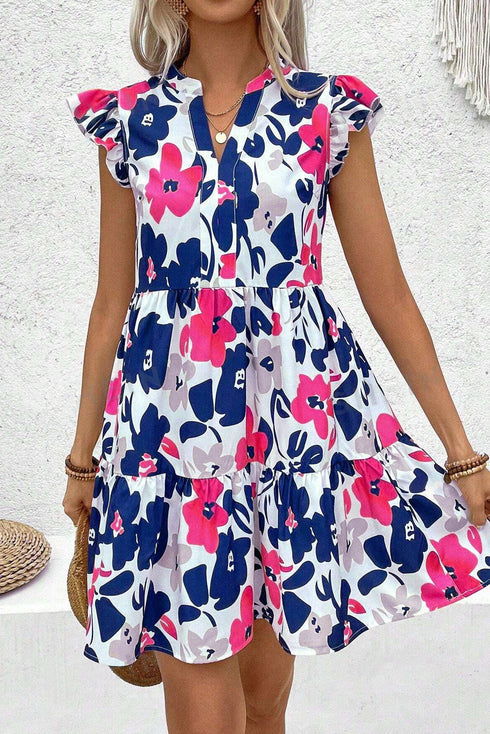 Abstract Floral Print Notched Neck Flutter Sleeve Tiered Mini Dress