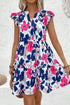 Abstract Floral Print Notched Neck Flutter Sleeve Tiered Mini Dress