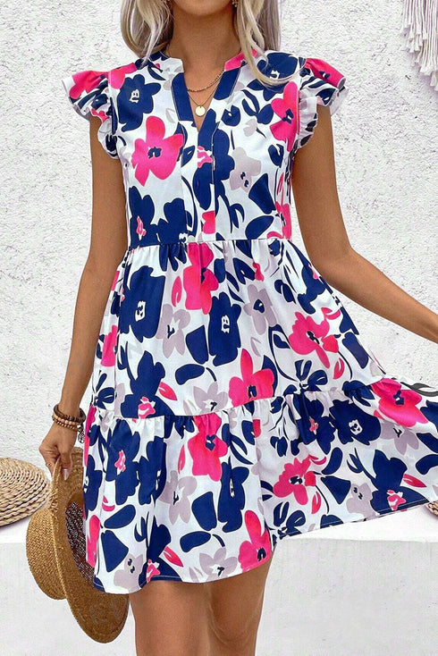 Abstract Floral Print Notched Neck Flutter Sleeve Tiered Mini Dress