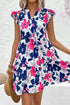 Abstract Floral Print Notched Neck Flutter Sleeve Tiered Mini Dress