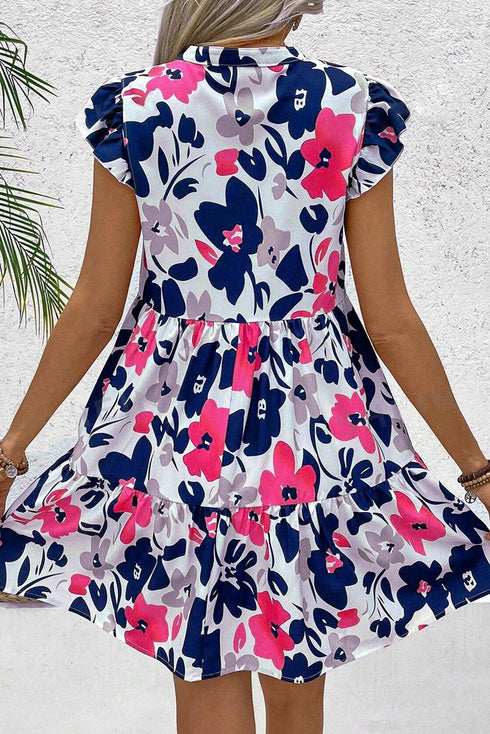 Abstract Floral Print Notched Neck Flutter Sleeve Tiered Mini Dress