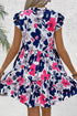 Abstract Floral Print Notched Neck Flutter Sleeve Tiered Mini Dress