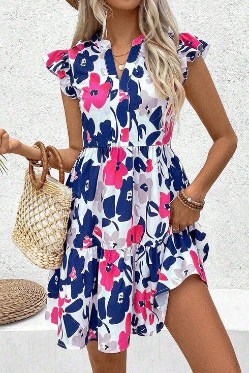Abstract Floral Print Notched Neck Flutter Sleeve Tiered Mini Dress