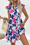 Abstract Floral Print Notched Neck Flutter Sleeve Tiered Mini Dress