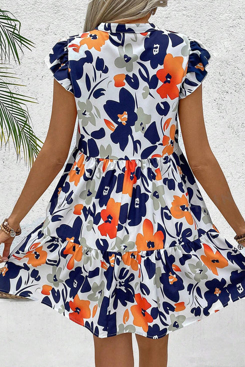 Abstract Floral Print Notched Neck Flutter Sleeve Tiered Mini Dress