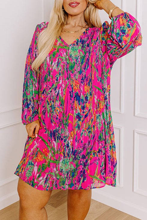 Abstract Floral Print Pleated H Line Mini Dress