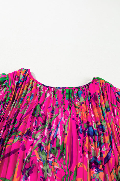 Abstract Floral Print Pleated H Line Mini Dress