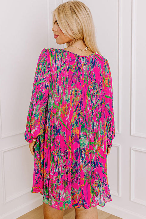 Abstract Floral Print Pleated H Line Mini Dress