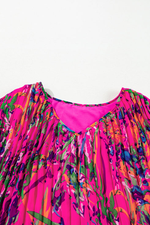 Abstract Floral Print Pleated H Line Mini Dress