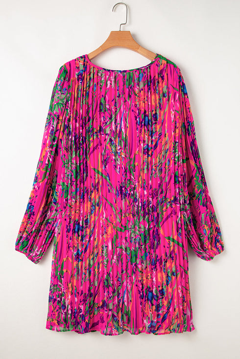 Abstract Floral Print Pleated H Line Mini Dress