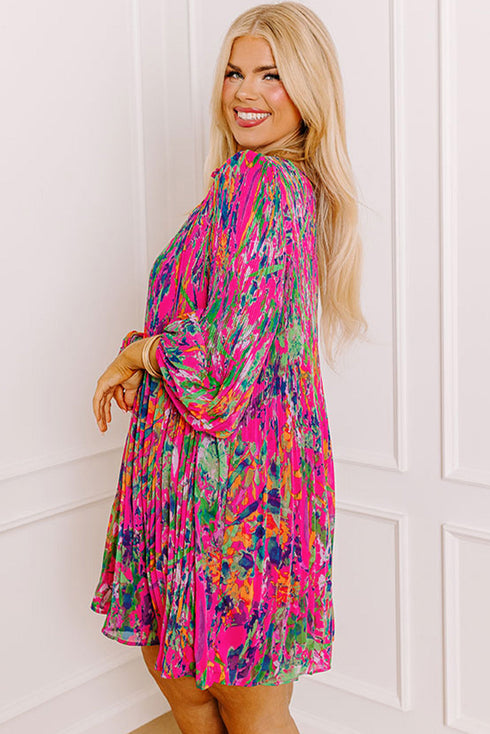 Abstract Floral Print Pleated H Line Mini Dress