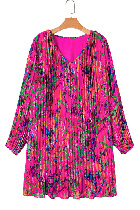Abstract Floral Print Pleated H Line Mini Dress