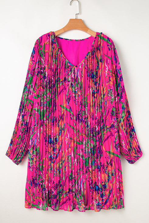 Abstract Floral Print Pleated H Line Mini Dress