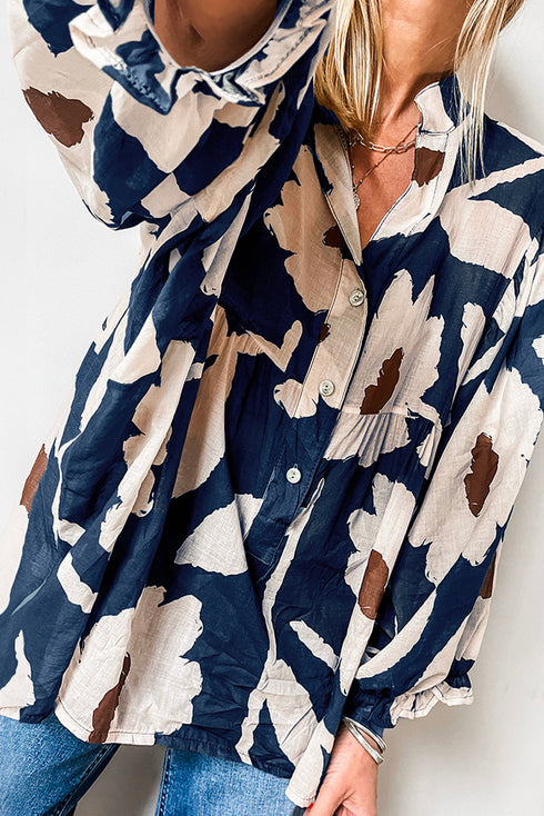 Abstract Floral Print Puff Sleeve Half Button Blouse