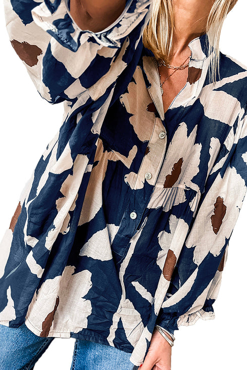Abstract Floral Print Puff Sleeve Half Button Blouse