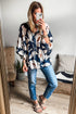 Abstract Floral Print Puff Sleeve Half Button Blouse