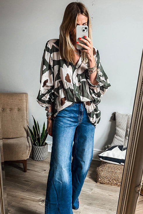 Abstract Floral Print Puff Sleeve Half Button Blouse