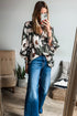 Abstract Floral Print Puff Sleeve Half Button Blouse