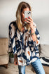 Abstract Floral Print Puff Sleeve Half Button Blouse