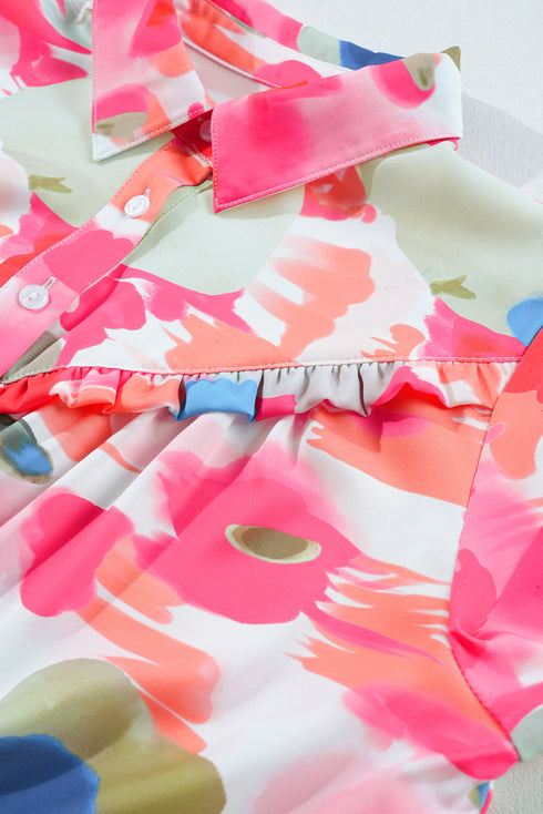Abstract Floral Print Ruffle Detail Button Down Shirt