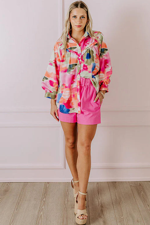 Abstract Floral Print Ruffle Detail Button Down Shirt