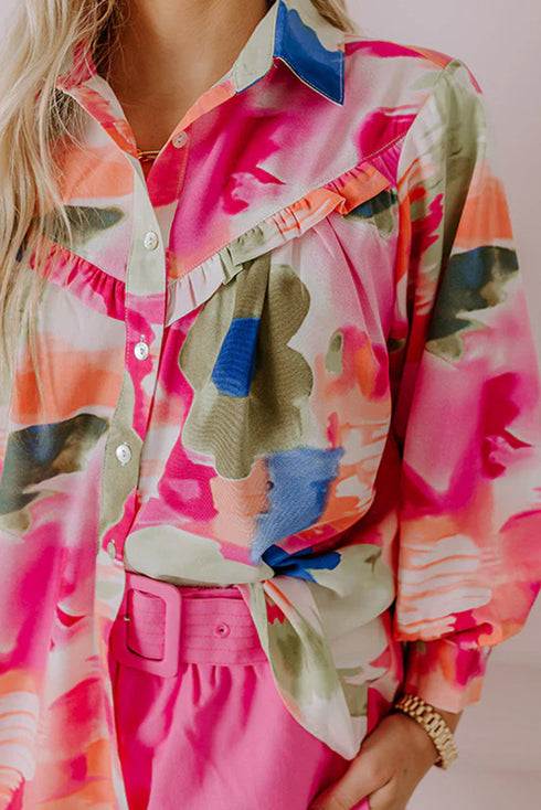 Abstract Floral Print Ruffle Detail Button Down Shirt