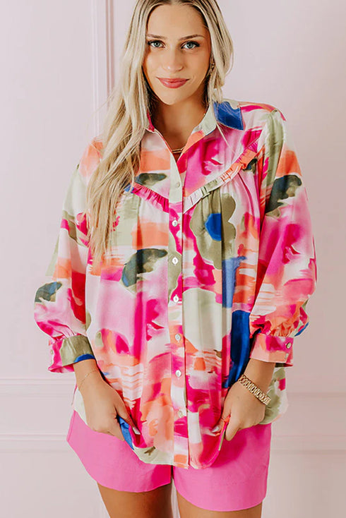 Abstract Floral Print Ruffle Detail Button Down Shirt