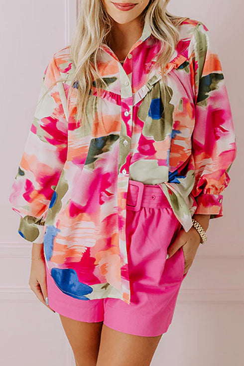 Abstract Floral Print Ruffle Detail Button Down Shirt