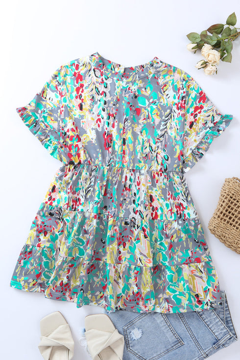 Abstract Floral Print Ruffle Sleeve V Neck Babydoll Blouse