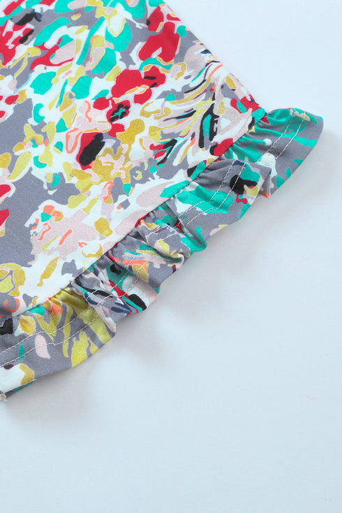 Abstract Floral Print Ruffle Sleeve V Neck Babydoll Blouse